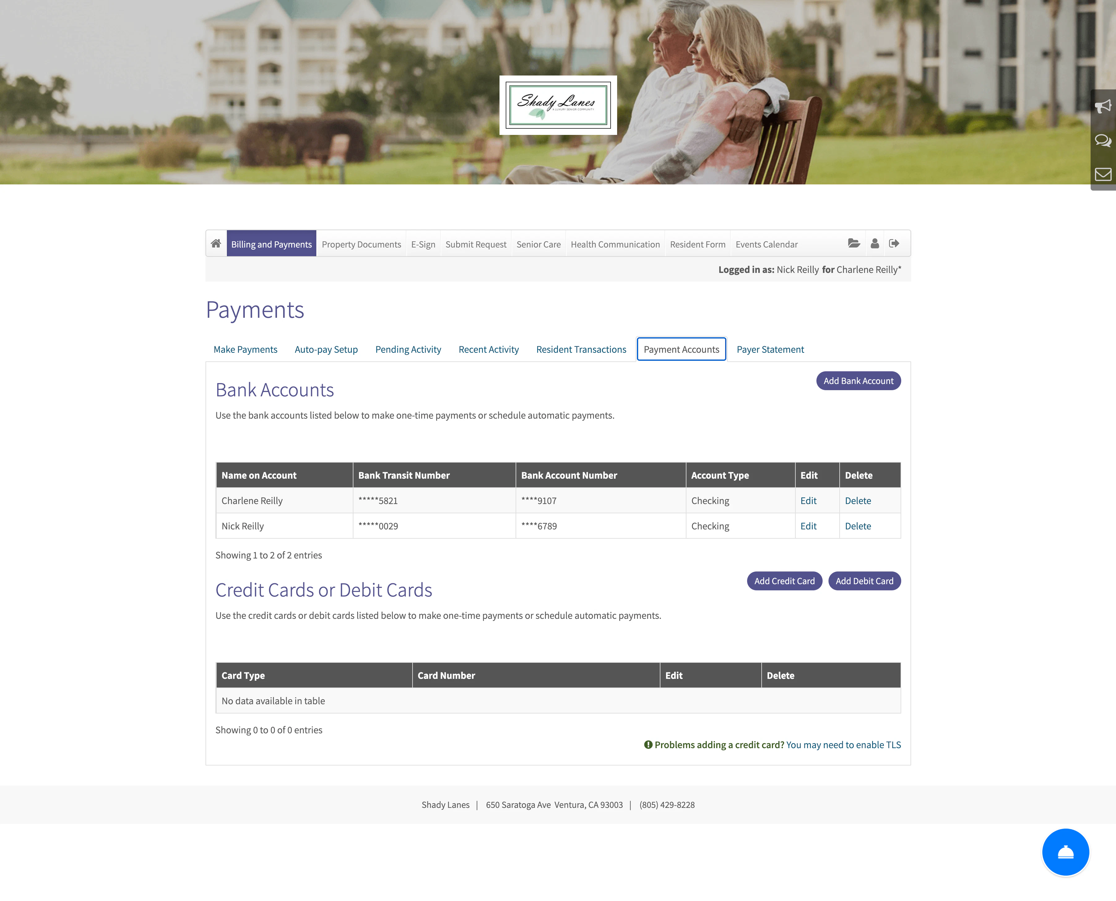 screenshot of RentCafe Senior Living Portal